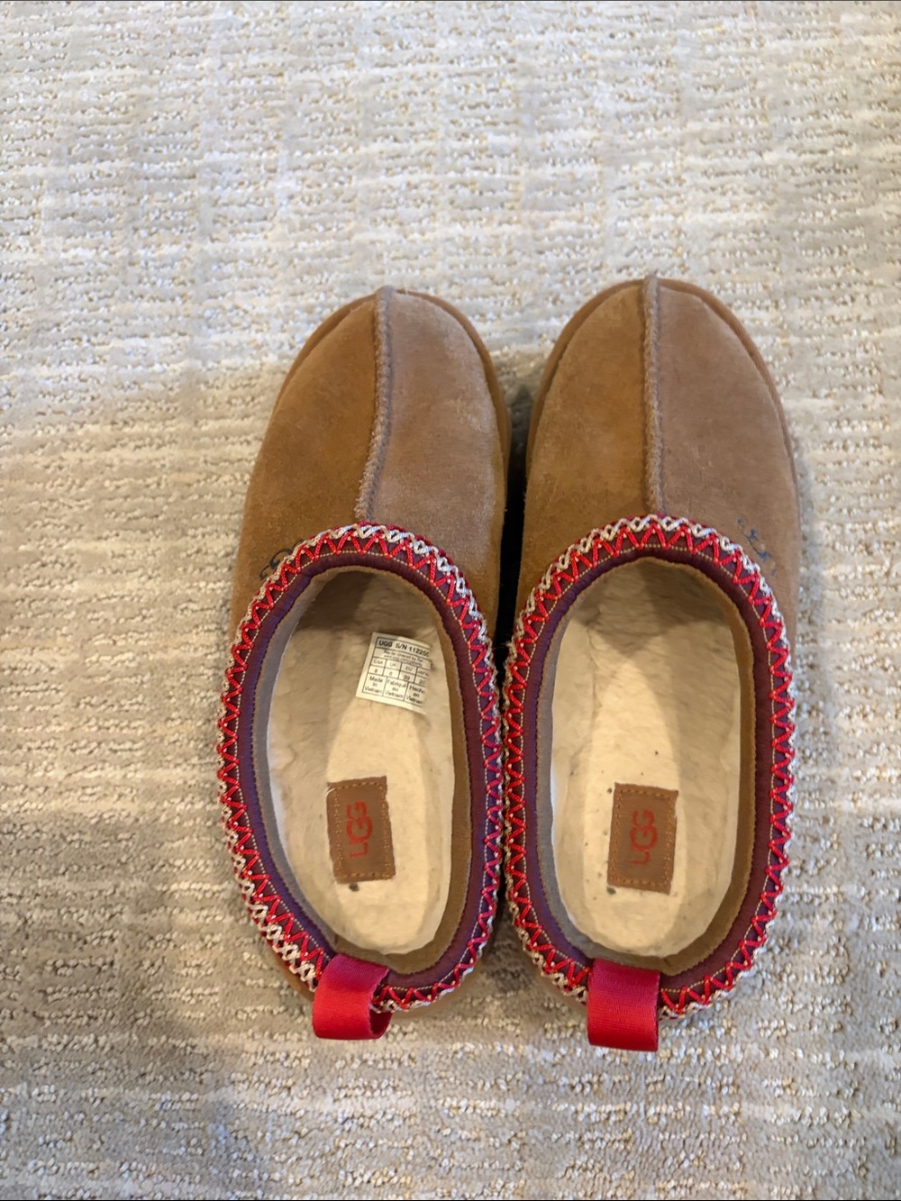 UGG Tan Suede Slip-On Slippers with Red Trim